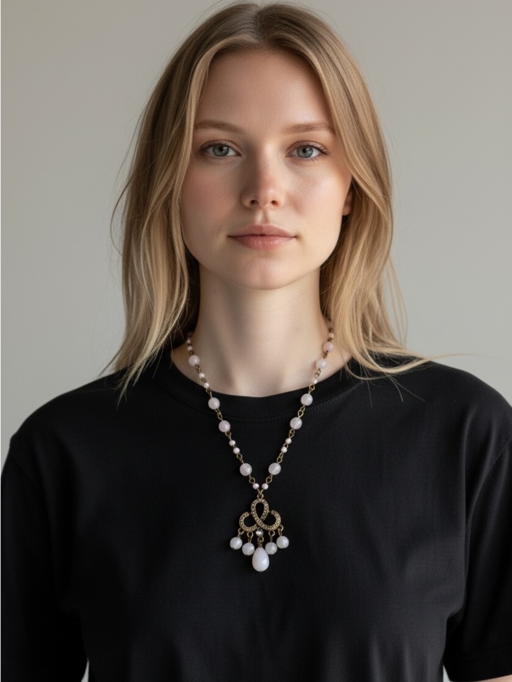 9/19 Gold and White Beaded Pendant Necklace - Women Jewelry